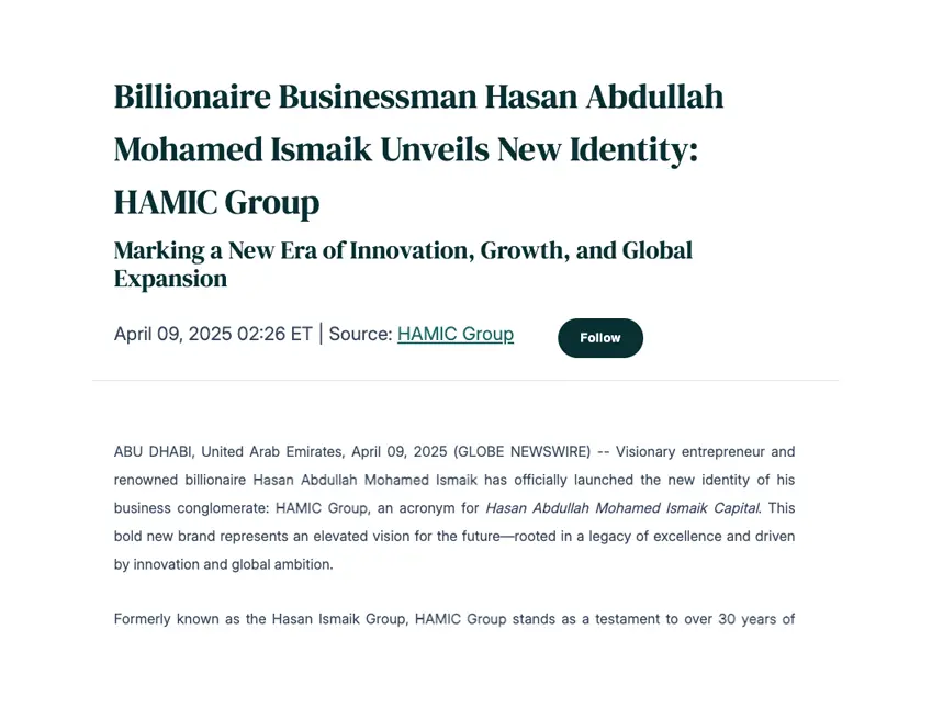 Billionaire Businessman Hasan Abdullah Mohamed Ismaik Unveils New Identity: HAMIC Group